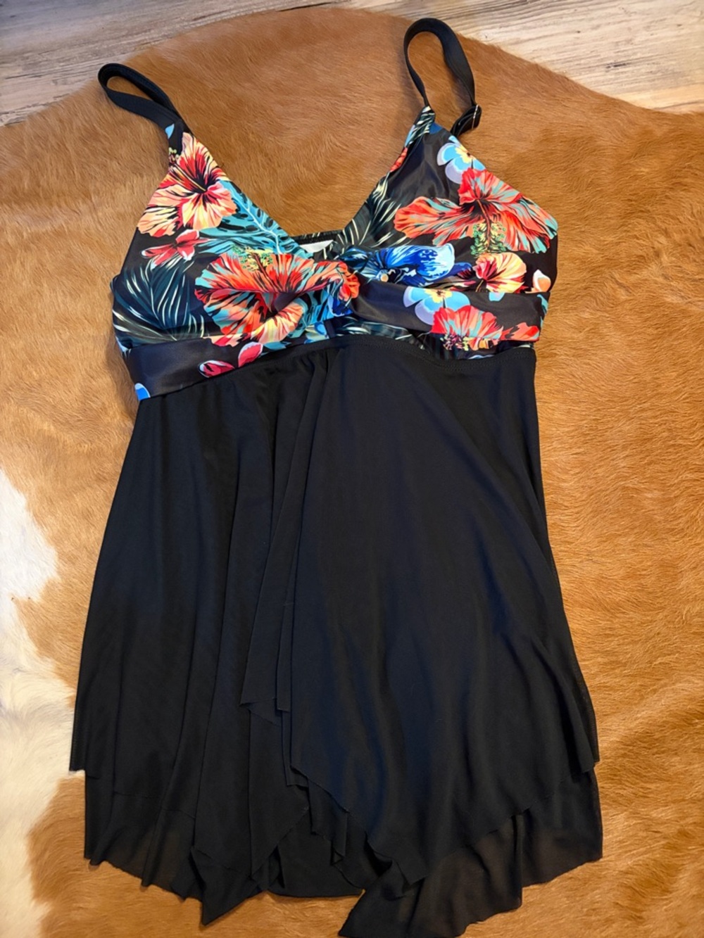 Black Swimdress with Tropical Floral